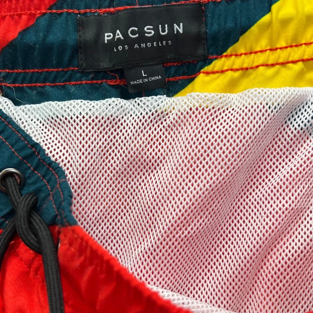 PacSun Swim Trunks Mens Large Red‎ Yellow Navy Diagonal Striped Board Shorts